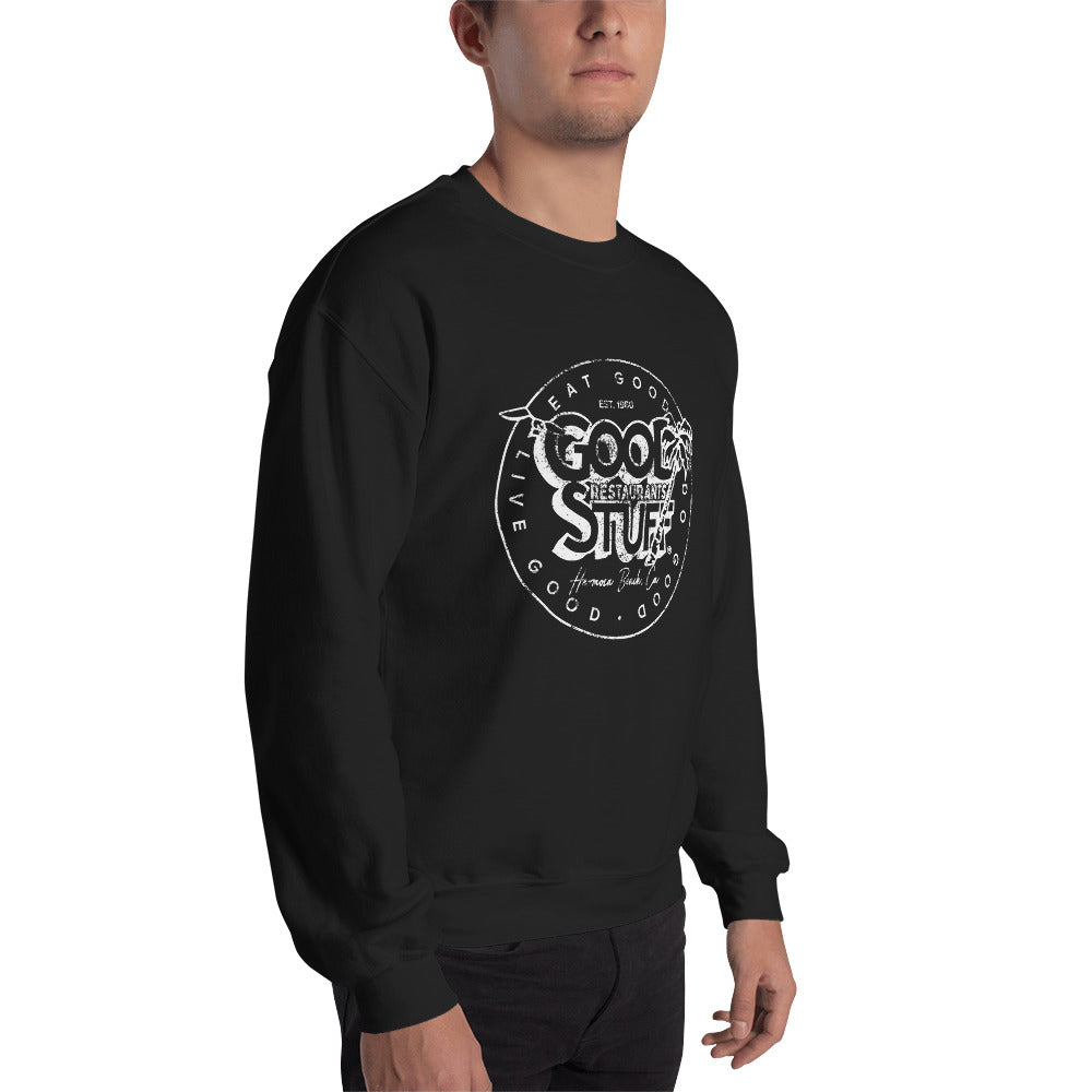 Good Stuff White Distressed Vintage Logo | Unisex Crew Neck Sweatshirt - Gildan