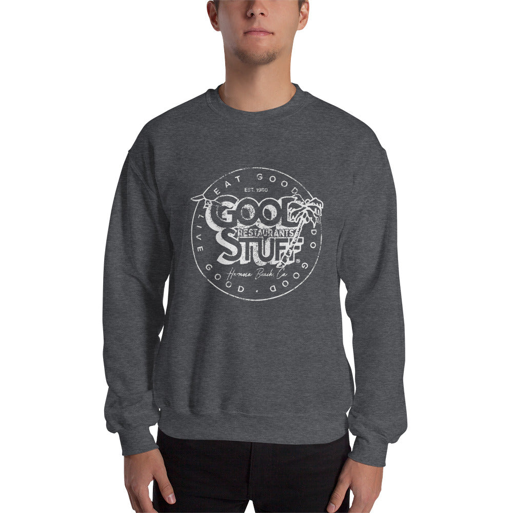 Good Stuff White Distressed Vintage Logo | Unisex Crew Neck Sweatshirt - Gildan