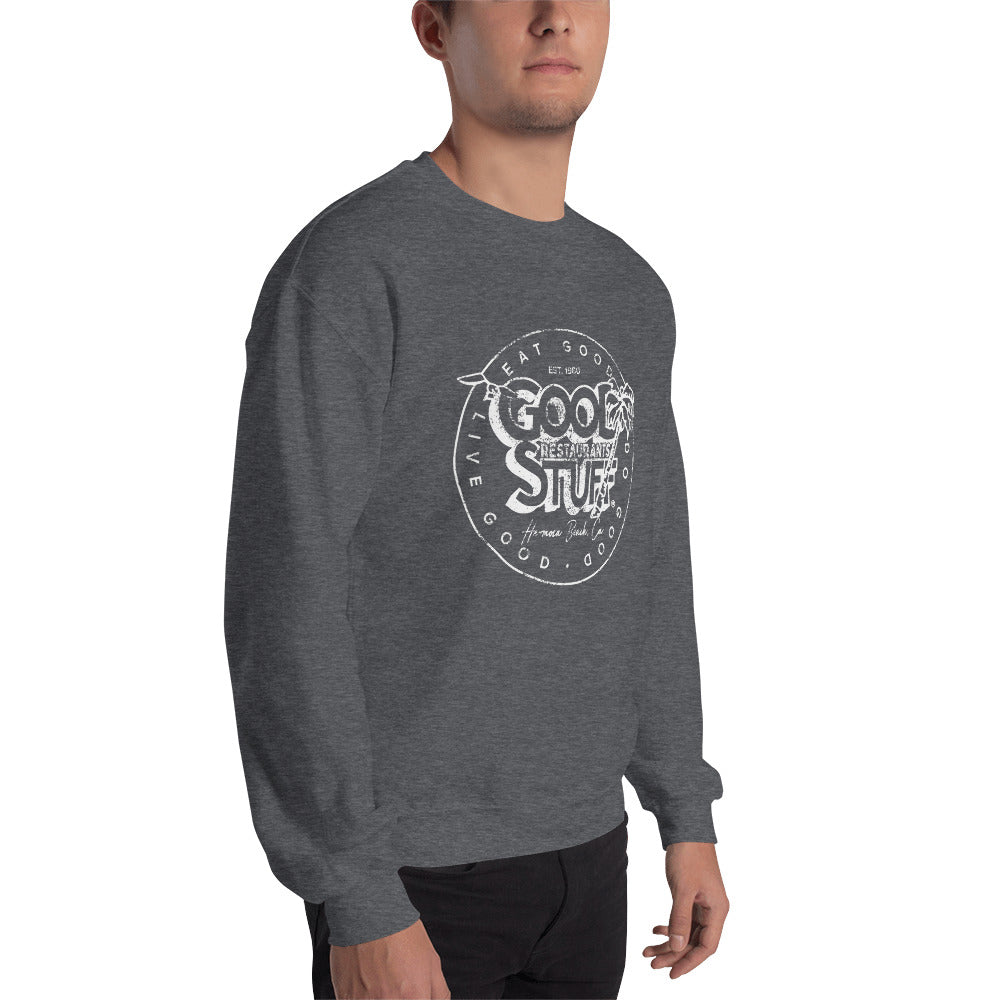 Good Stuff White Distressed Vintage Logo | Unisex Crew Neck Sweatshirt - Gildan