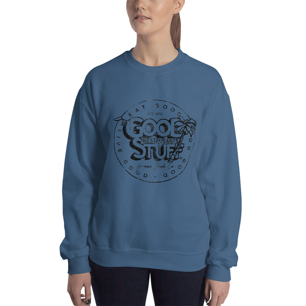 Good Stuff Black Distressed Vintage Logo | Unisex Crew Neck Sweatshirt - Gildan