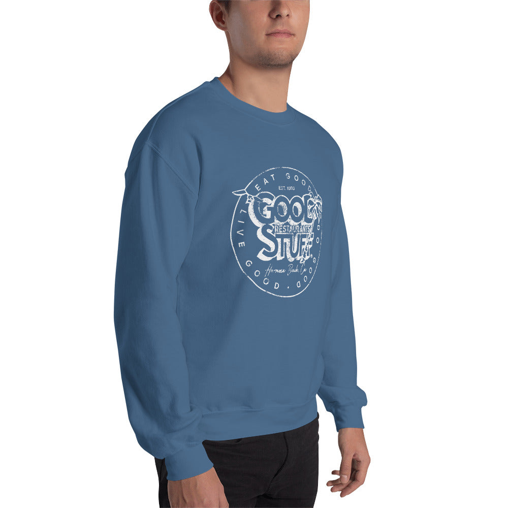 Good Stuff White Distressed Vintage Logo | Unisex Crew Neck Sweatshirt - Gildan