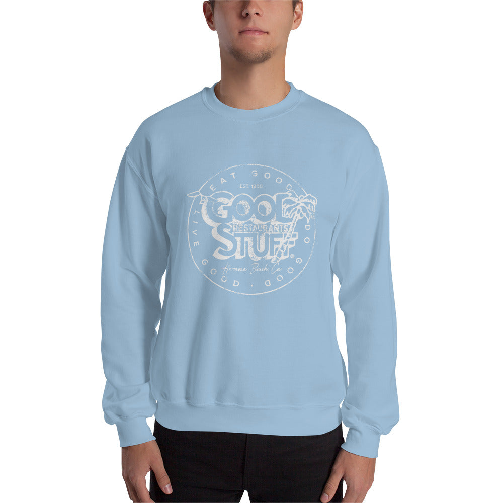 Good Stuff White Distressed Vintage Logo | Unisex Crew Neck Sweatshirt - Gildan