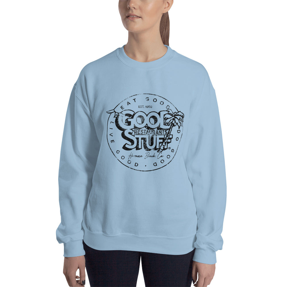 Good Stuff Black Distressed Vintage Logo | Unisex Crew Neck Sweatshirt - Gildan