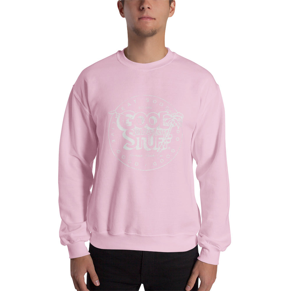 Good Stuff White Distressed Vintage Logo | Unisex Crew Neck Sweatshirt - Gildan