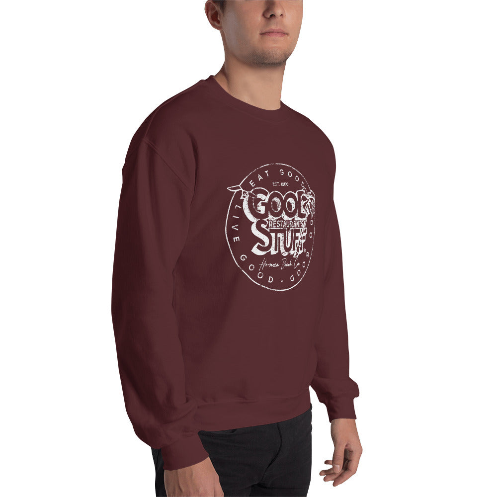 Good Stuff White Distressed Vintage Logo | Unisex Crew Neck Sweatshirt - Gildan
