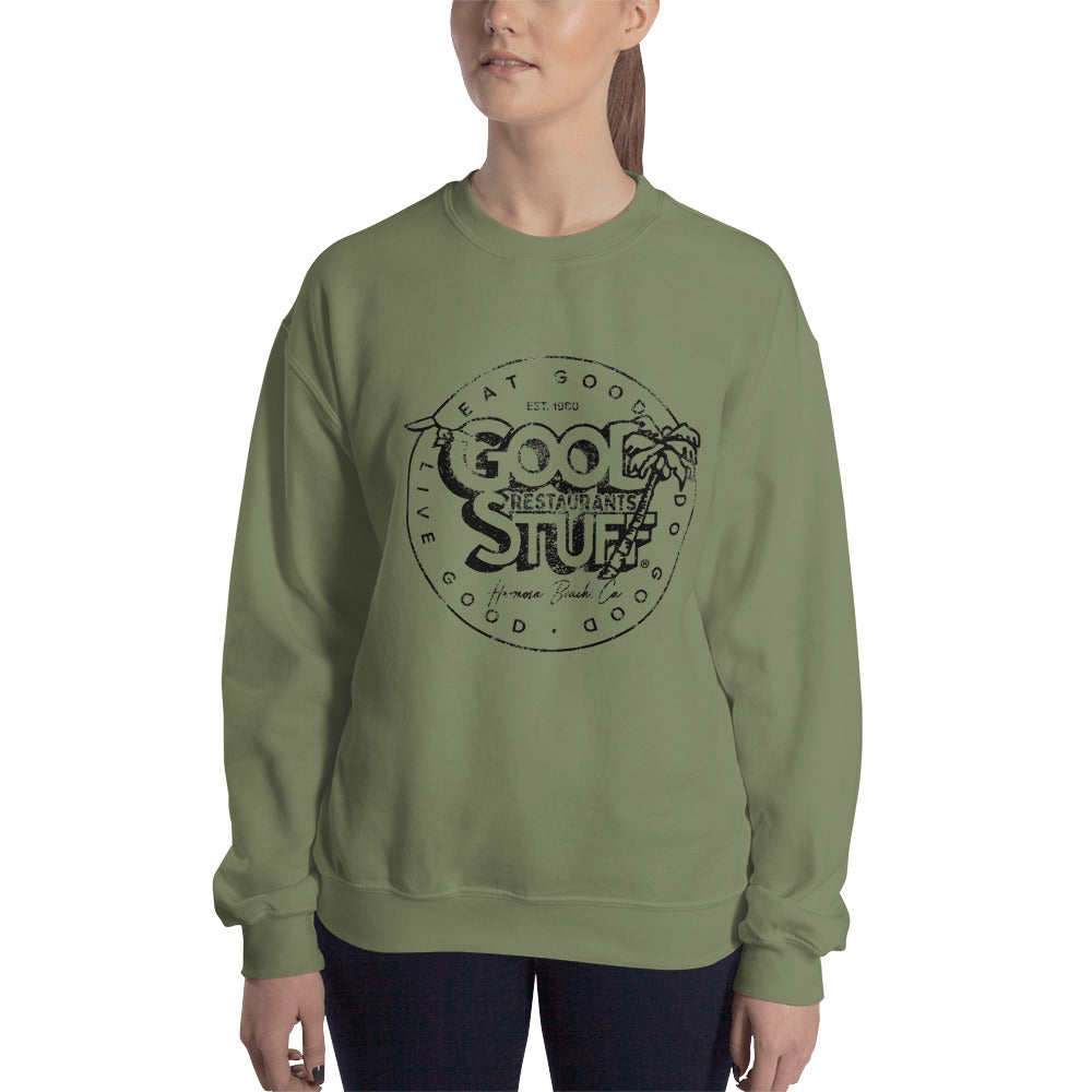 Good Stuff Black Distressed Vintage Logo | Unisex Crew Neck Sweatshirt - Gildan