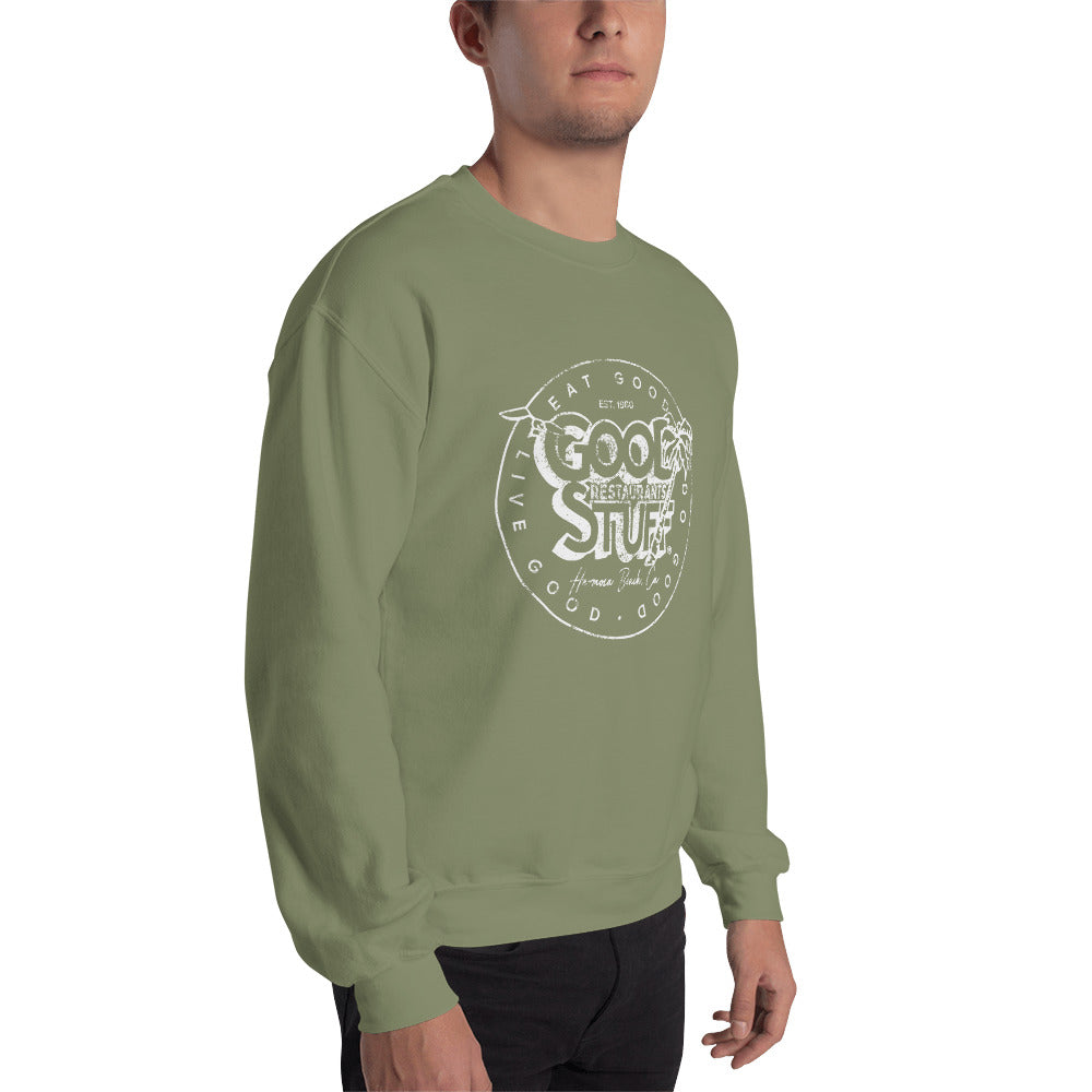 Good Stuff White Distressed Vintage Logo | Unisex Crew Neck Sweatshirt - Gildan
