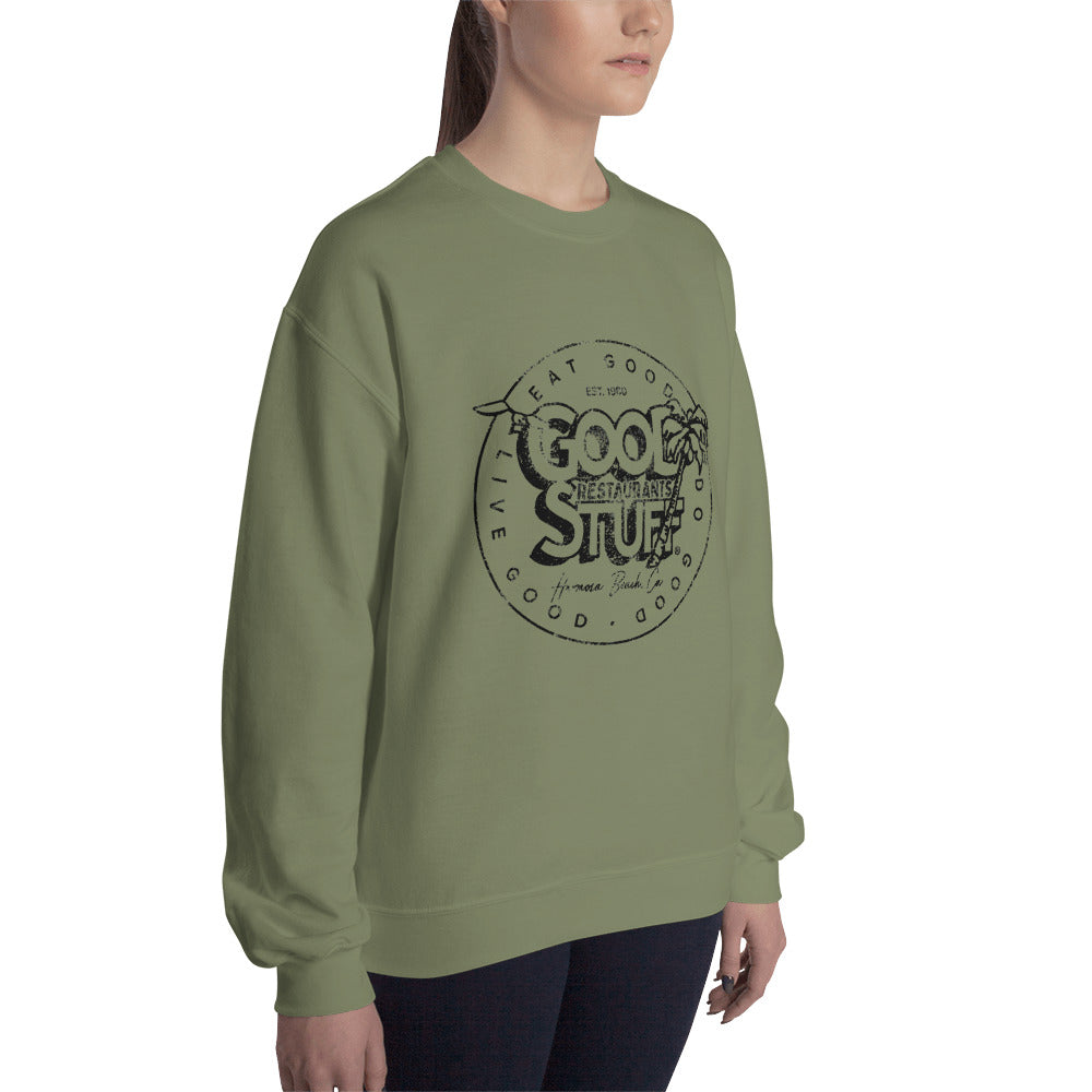 Good Stuff Black Distressed Vintage Logo | Unisex Crew Neck Sweatshirt - Gildan