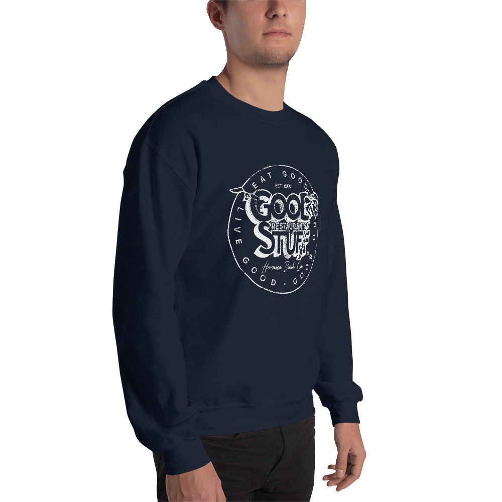 Good Stuff White Distressed Vintage Logo | Unisex Crew Neck Sweatshirt - Gildan