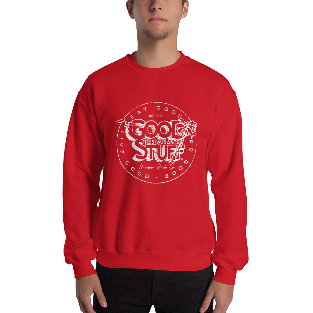 Good Stuff White Distressed Vintage Logo | Unisex Crew Neck Sweatshirt - Gildan