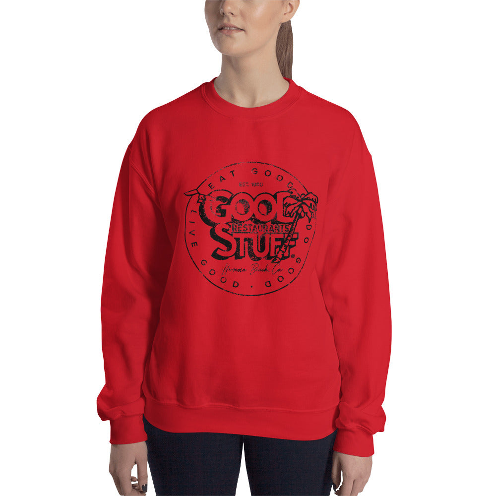 Good Stuff Black Distressed Vintage Logo | Unisex Crew Neck Sweatshirt - Gildan
