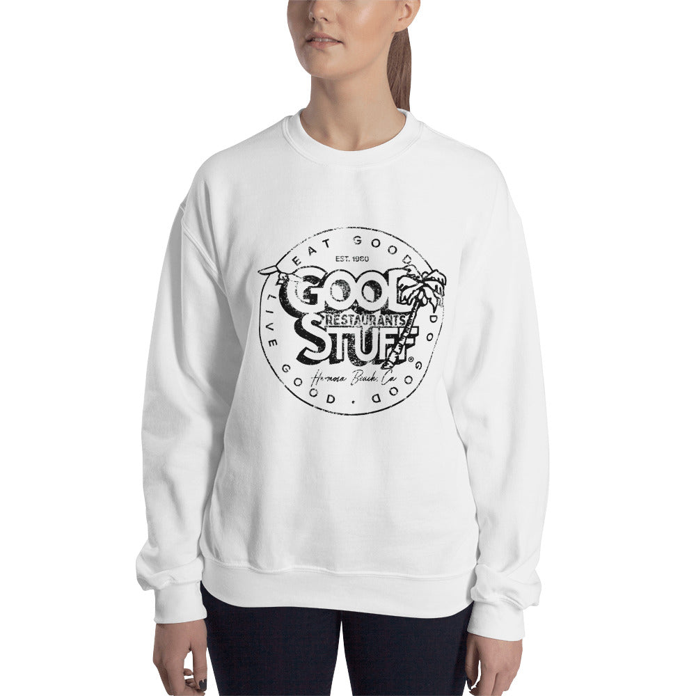 Good Stuff Black Distressed Vintage Logo | Unisex Crew Neck Sweatshirt - Gildan