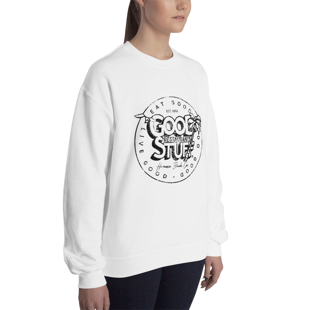 Good Stuff Black Distressed Vintage Logo | Unisex Crew Neck Sweatshirt - Gildan