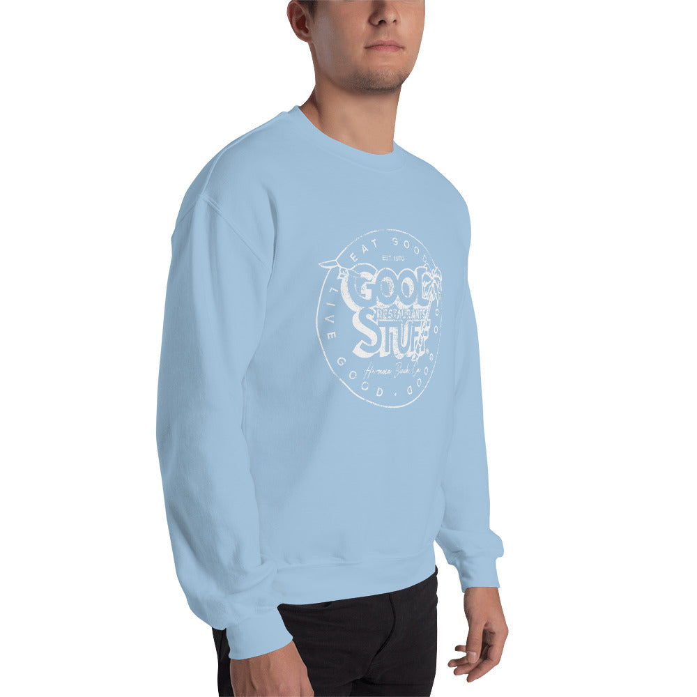 Good Stuff White Distressed Vintage Logo | Unisex Crew Neck Sweatshirt - Gildan