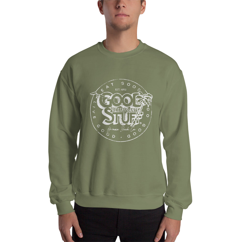 Good Stuff White Distressed Vintage Logo | Unisex Crew Neck Sweatshirt - Gildan