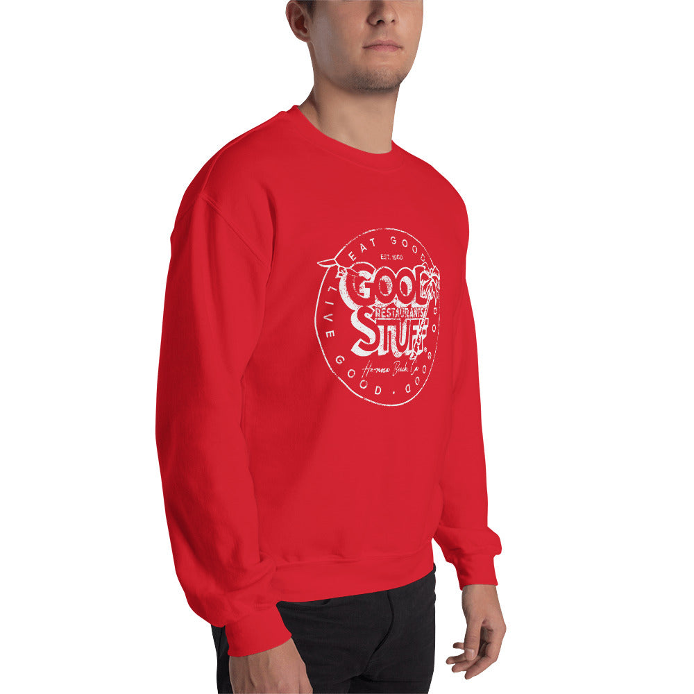Good Stuff White Distressed Vintage Logo | Unisex Crew Neck Sweatshirt - Gildan