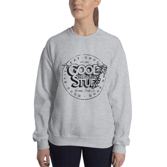 Good Stuff Black Distressed Vintage Logo | Unisex Crew Neck Sweatshirt - Gildan